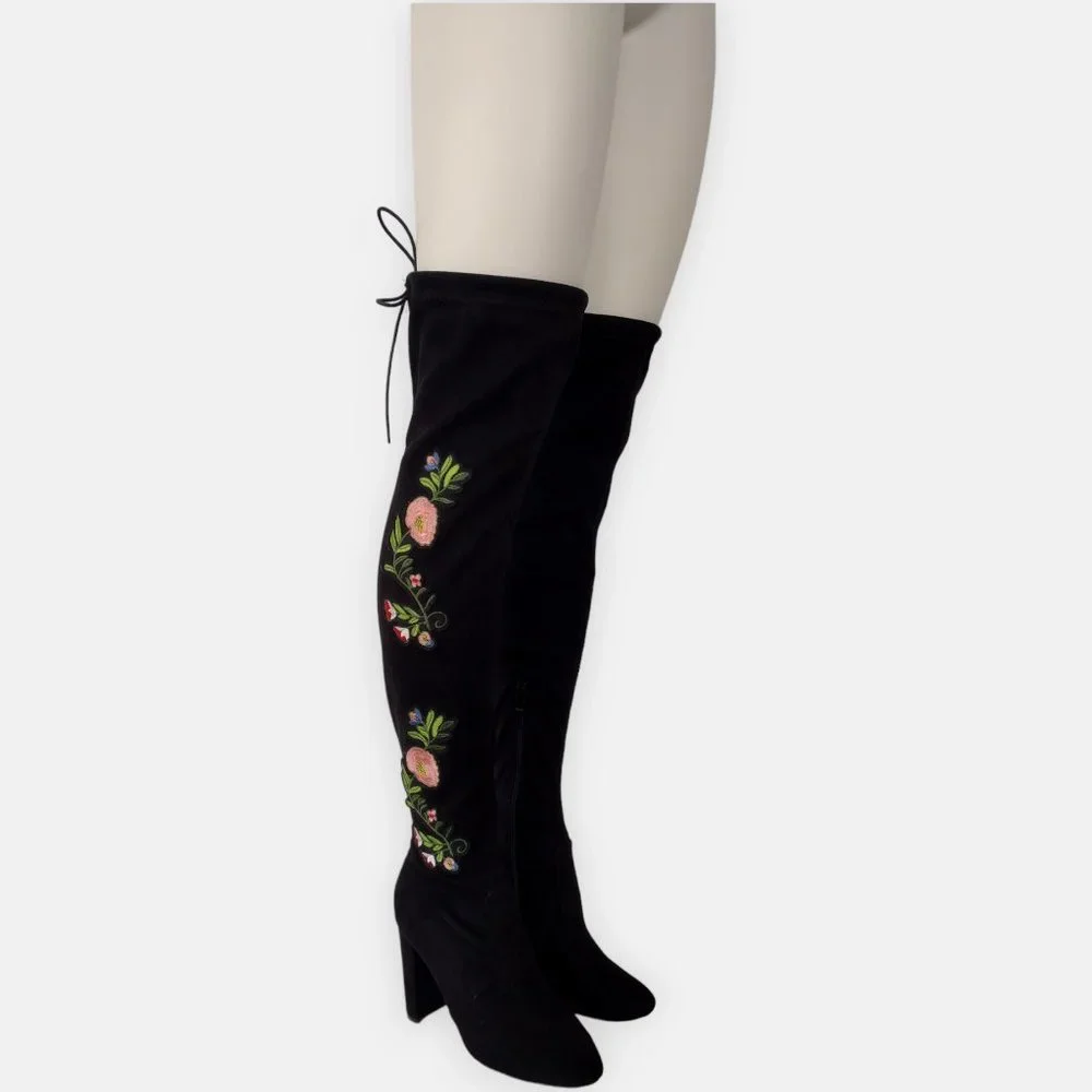 Top Moda Black Suede Floral Embroidered Over The Knee Boots 8.5
